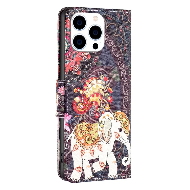 For iPhone 16 Pro Max Case Pattern Printing Leather Wallet Stand Phone Cover -  Flower and Elephant