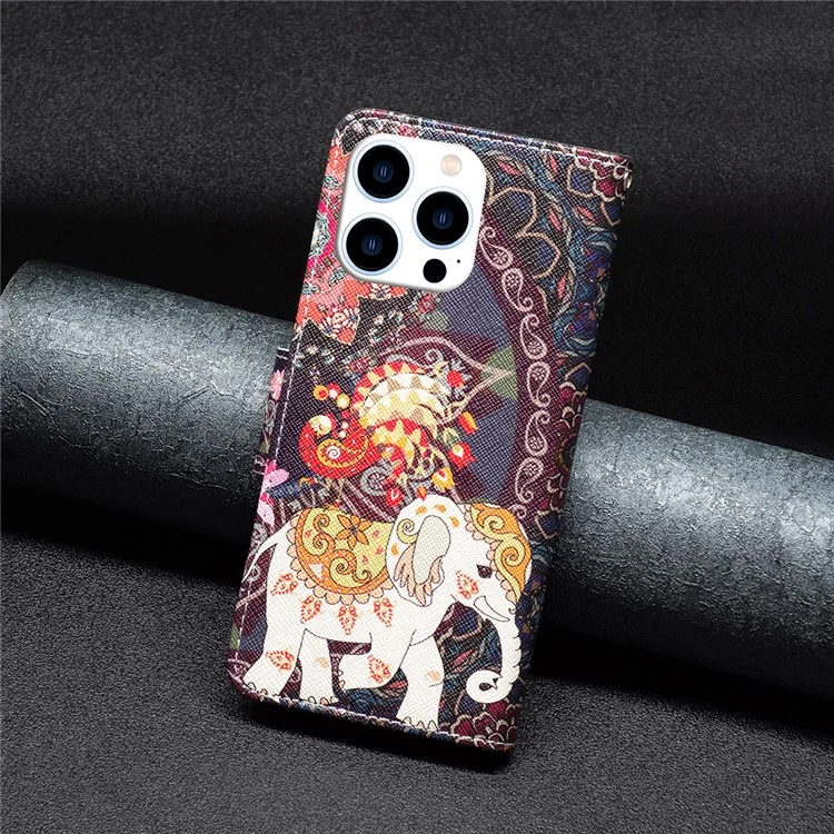 For iPhone 16 Pro Max Case Pattern Printing Leather Wallet Stand Phone Cover -  Flower and Elephant