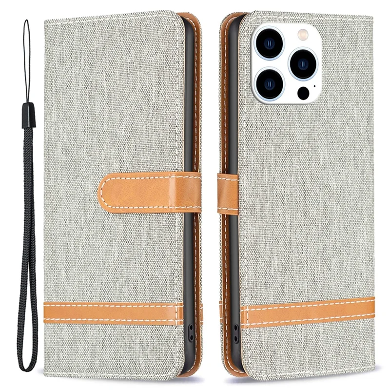 For iPhone 16 Pro Max Case Jeans Cloth Texture Leather Wallet Cover - Grey