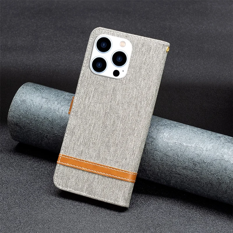 For iPhone 16 Pro Max Case Jeans Cloth Texture Leather Wallet Cover - Grey