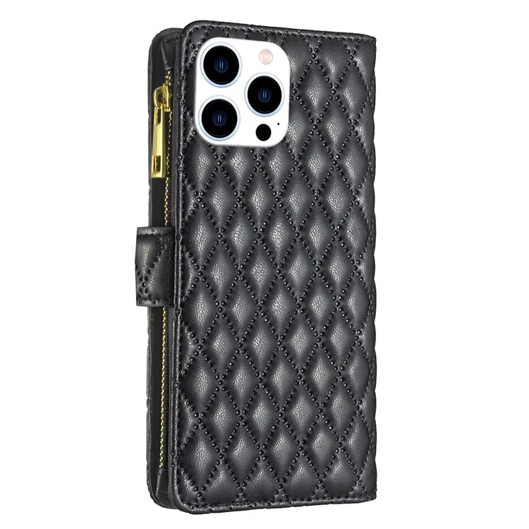 BINFEN COLOR BF Style-15 For iPhone 16 Pro Max Case Rhombus Imprint Leather Phone Cover - Black