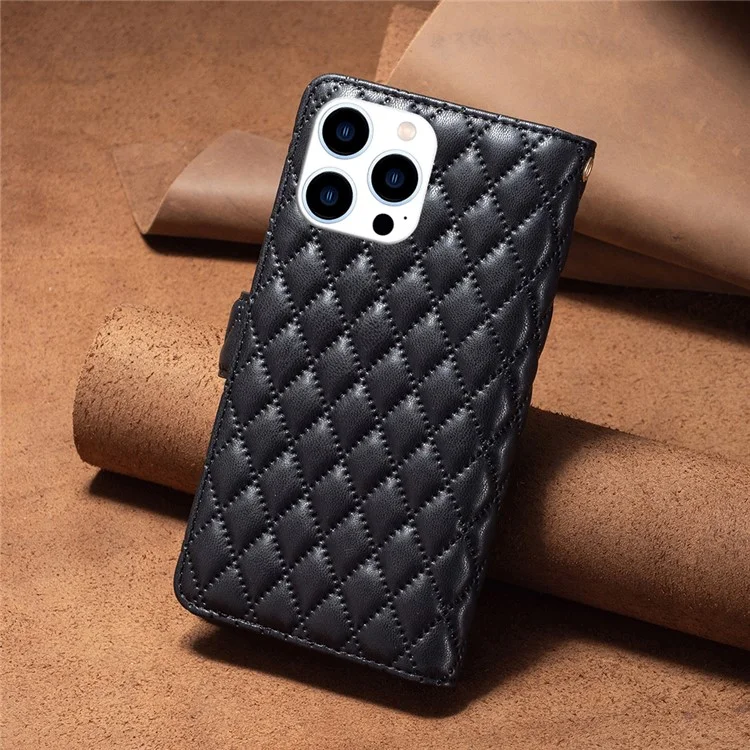 BINFEN COLOR BF Style-15 For iPhone 16 Pro Max Case Rhombus Imprint Leather Phone Cover - Black