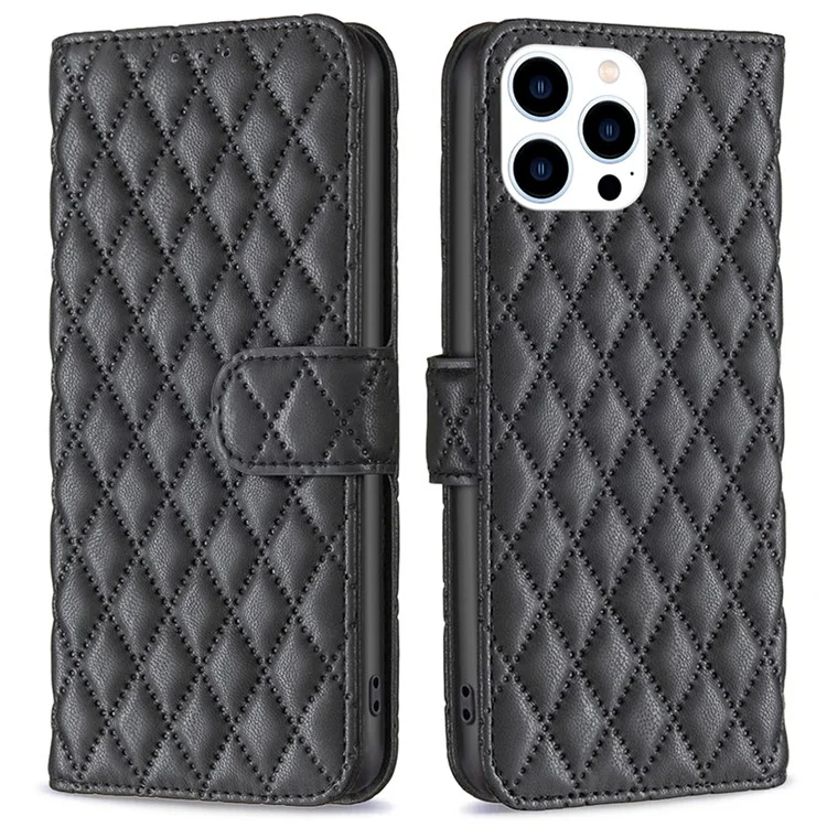 BINFEN COLOR BF Style-14 Capa para iPhone 16 Pro Max Capa de couro Bolso para cartão e dinheiro - Preto