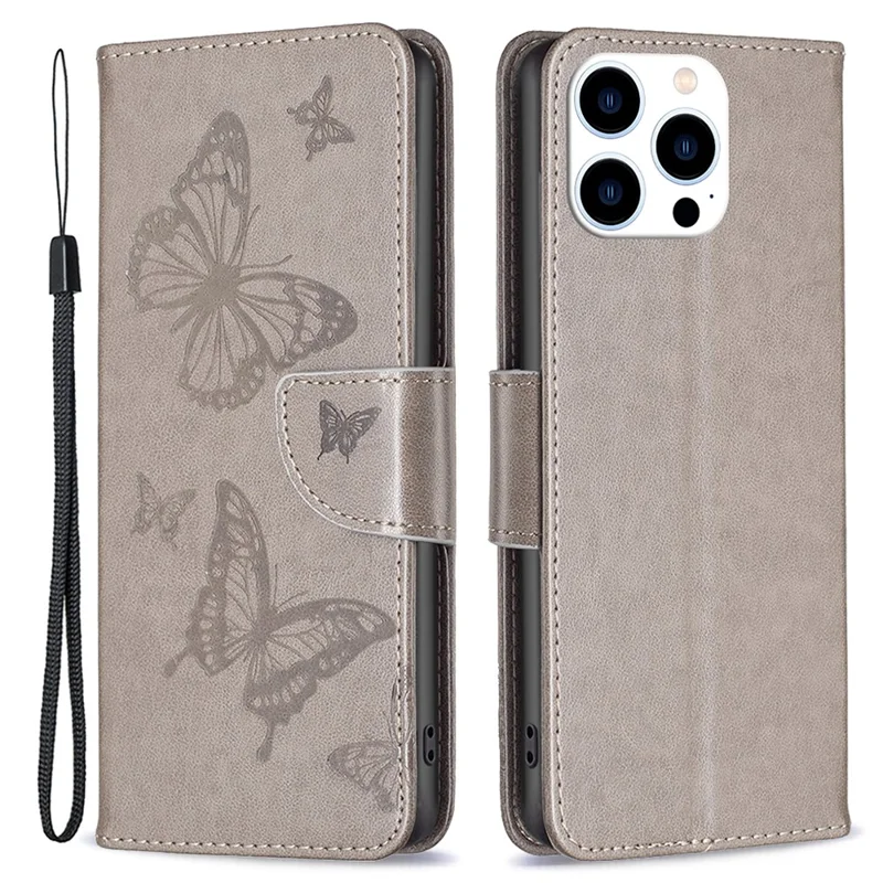 For iPhone 16 Pro Max Case Wallet Leather Phone Cover Butterflyimprinted -  Grey