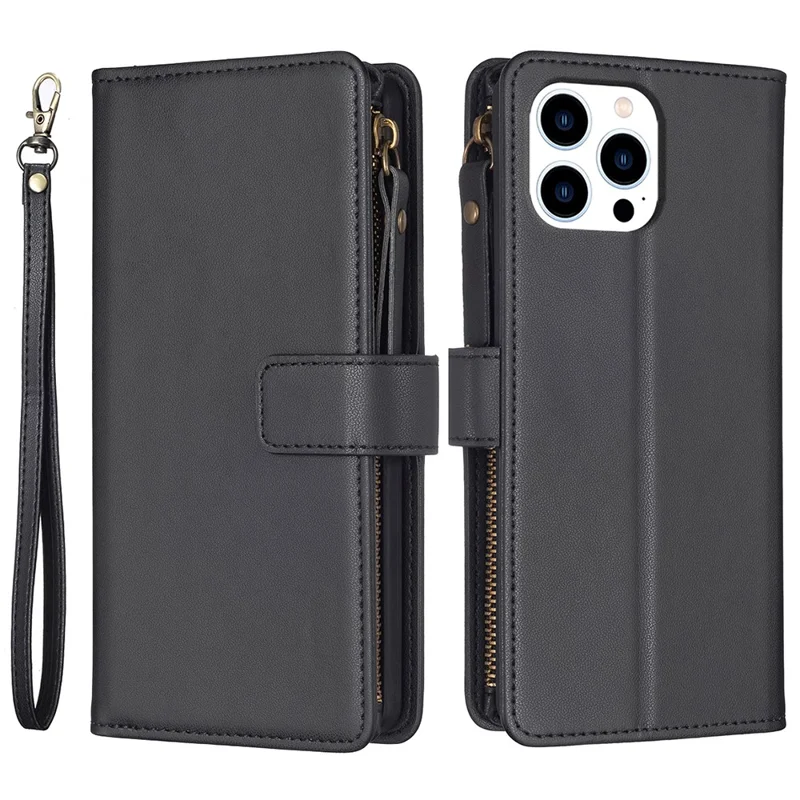 BF Style-19 for iPhone 16 Pro Max Case PU Leather Zipper Wallet Flip Phone Cover - Black