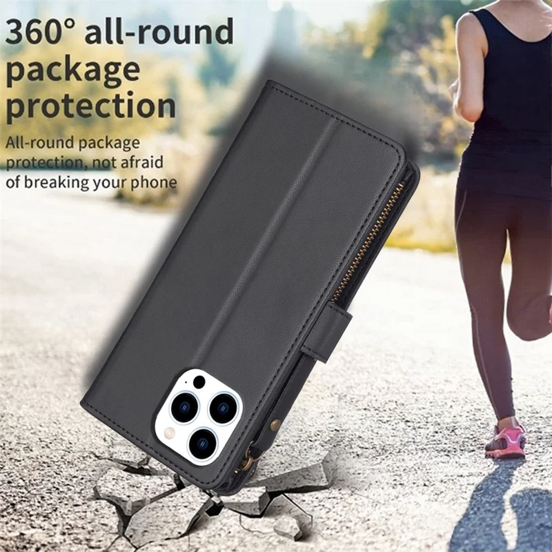 BF Style-19 for iPhone 16 Pro Max Case PU Leather Zipper Wallet Flip Phone Cover - Black