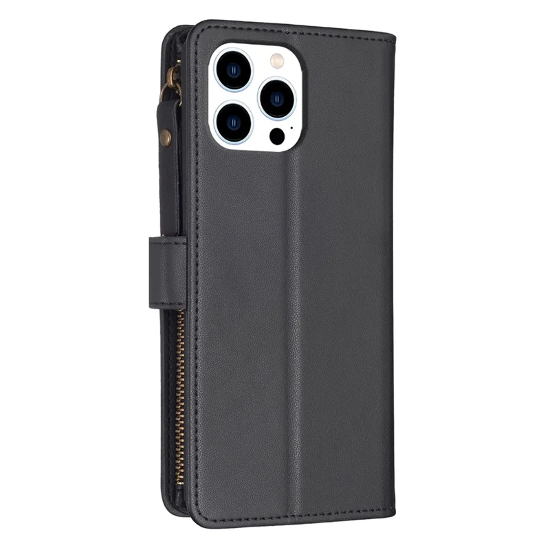 BF Style-19 for iPhone 16 Pro Max Case PU Leather Zipper Wallet Flip Phone Cover - Black