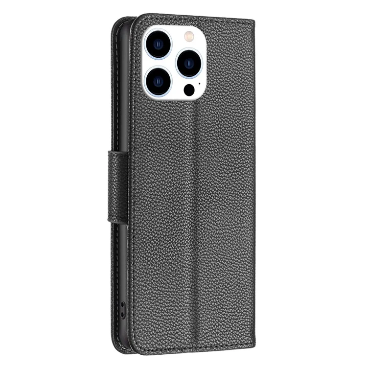 Per iPhone 16 Pro Max Case Wallet Litchi Texture Leather Phone Cover - Nero