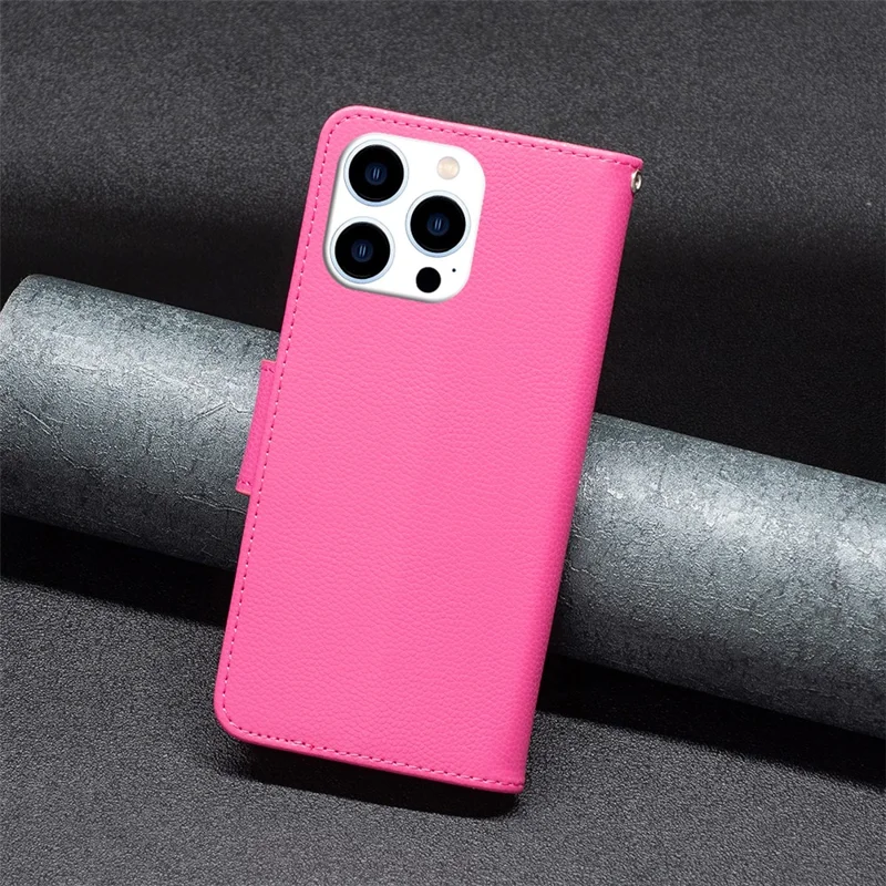 For iPhone 16 Pro Max Wallet Case with Wrist Strap Litchi Texture Leather Phone Stand Cover - Rose