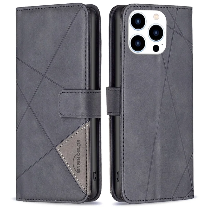 BINFEN COLOR For iPhone 16 Pro Max Phone Cases Wallet Stand Geometry Imprinted Leather Cover - Black