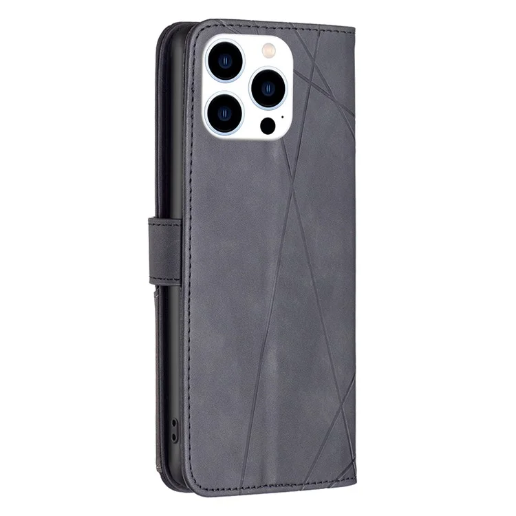 BINFEN COLOR For iPhone 16 Pro Max Phone Cases Wallet Stand Geometry Imprinted Leather Cover - Black