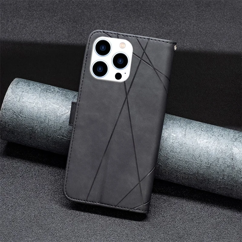 BINFEN COLOR For iPhone 16 Pro Max Phone Cases Wallet Stand Geometry Imprinted Leather Cover - Black