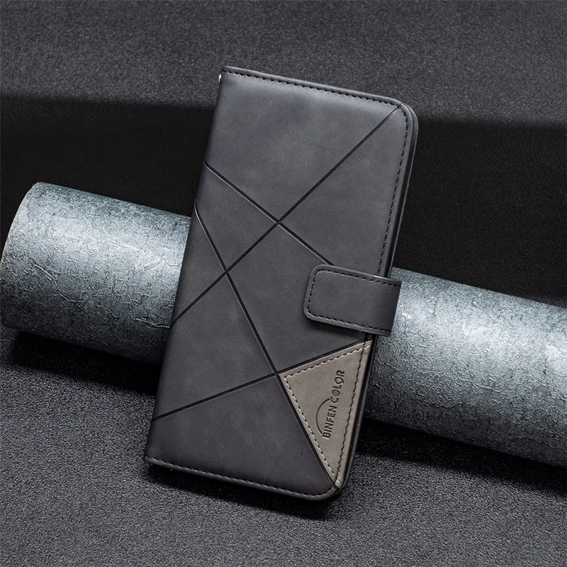 BINFEN COLOR For iPhone 16 Pro Max Phone Cases Wallet Stand Geometry Imprinted Leather Cover - Black