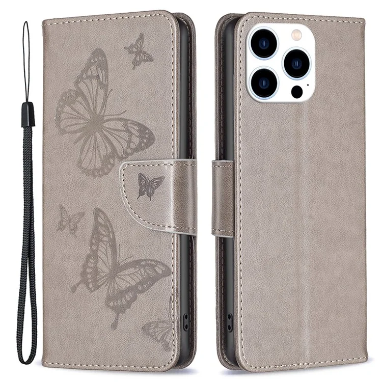 Für iPhone 16 Pro Case Butterfly-Muster Leder-Handyhülle mit Handschlaufe - Grau