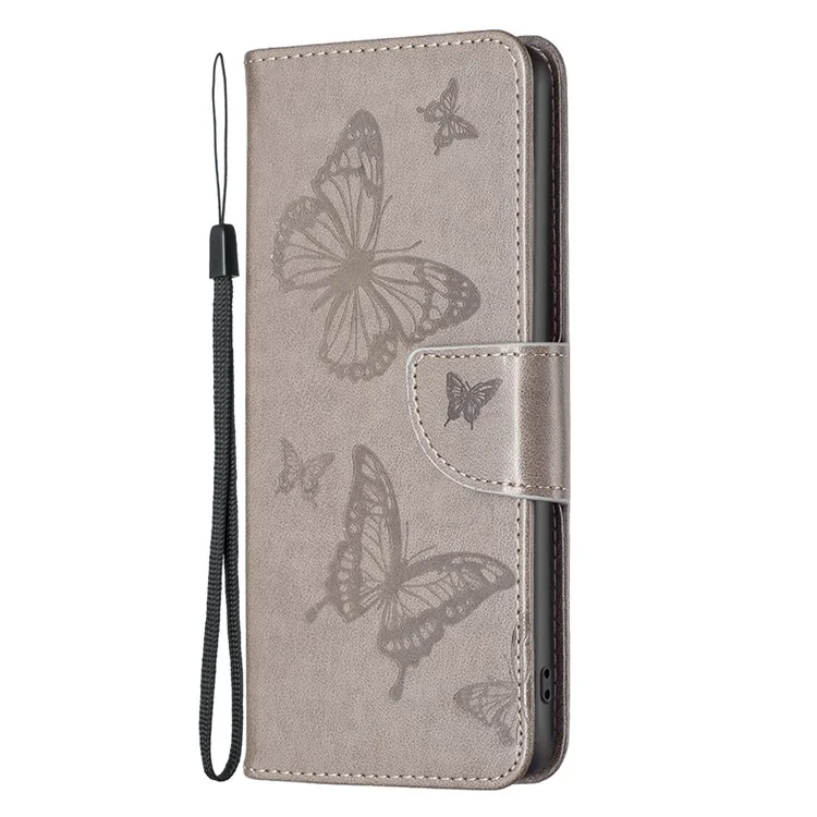 Für iPhone 16 Pro Case Butterfly-Muster Leder-Handyhülle mit Handschlaufe - Grau