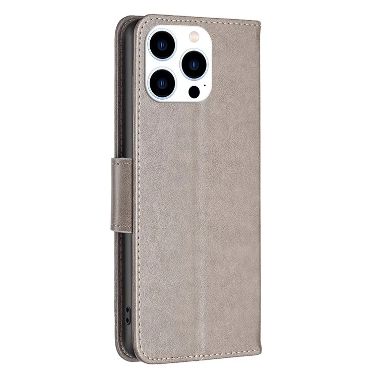 Für iPhone 16 Pro Case Butterfly-Muster Leder-Handyhülle mit Handschlaufe - Grau