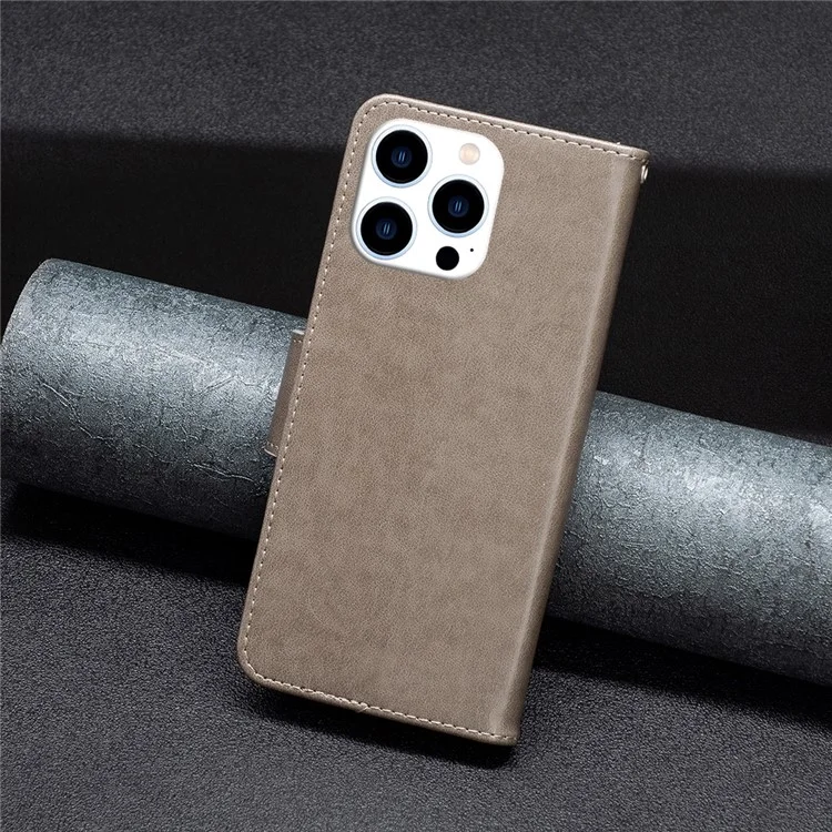 Für iPhone 16 Pro Case Butterfly-Muster Leder-Handyhülle mit Handschlaufe - Grau