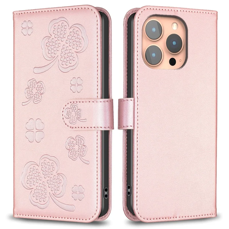 Voor iPhone 16 Pro hoesje Gelukkig Klaverpatroon Leren telefoonhoes - Roze
