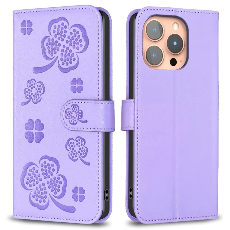 Für iPhone 16 Pro Case Lucky Clover Pattern Leather Phone Cover - Lila