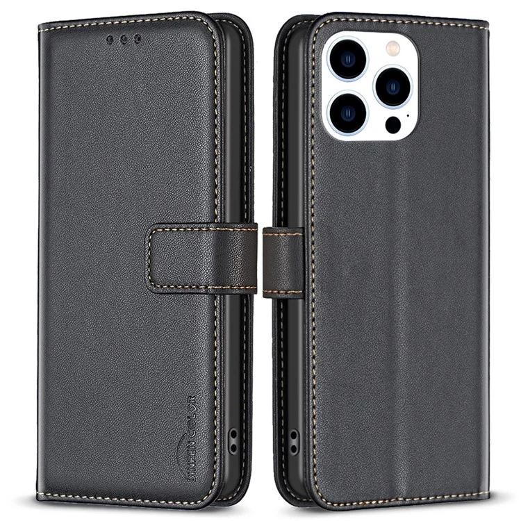 BINFEN COLOR BF17 Para iPhone 16 Pro Case Flip Carteira de Couro Capa de Telefone - Preto