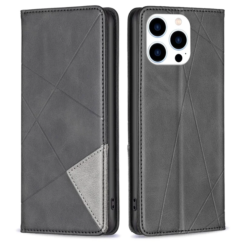 For iPhone 16 Pro Max Case Rhombus PU Leather Flip Phone Cover with Stand Card Slots - Black