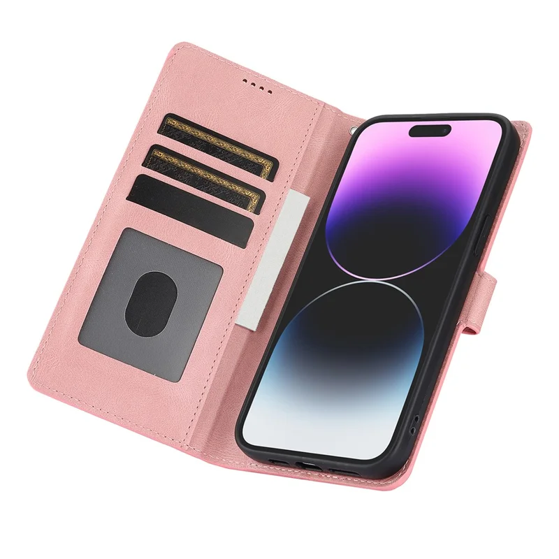 For iPhone 16 Case PU Leather Phone Cover Card Holder Magnetic Clasp Protective - Pink