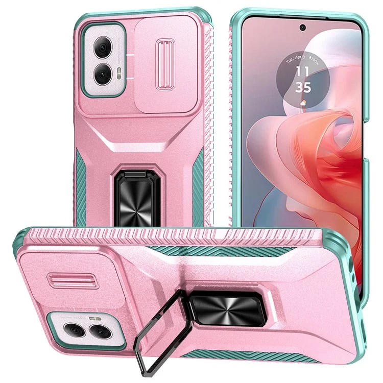 For Motorola Moto G Power (2024) Case TPU+PC Kickstand Phone Shell with Lens Cover - Pink+Grey Green