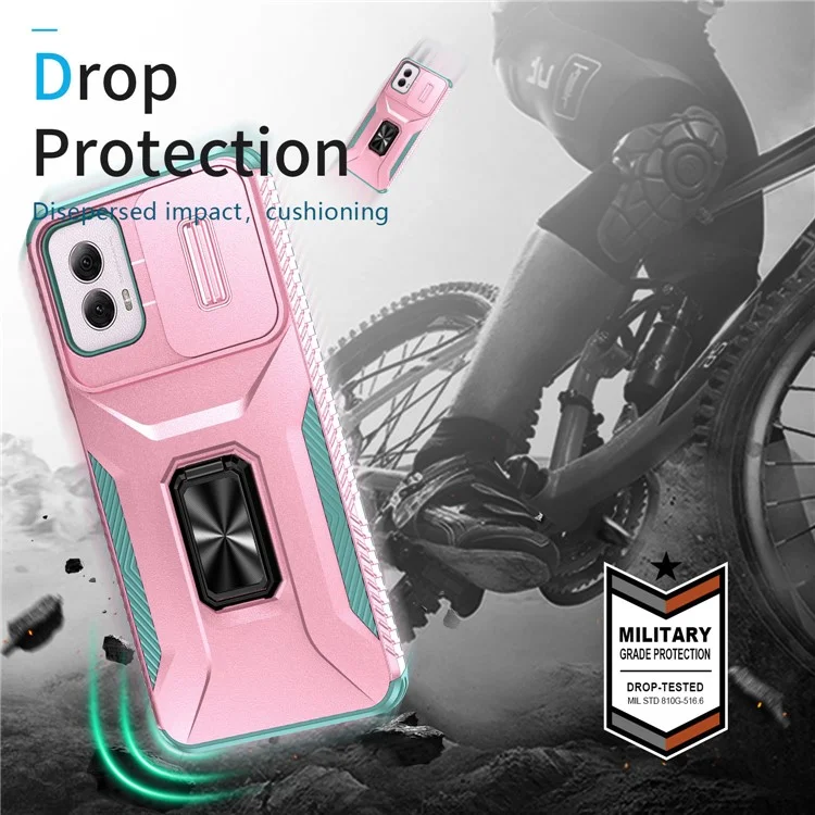 For Motorola Moto G Power (2024) Case TPU+PC Kickstand Phone Shell with Lens Cover - Pink+Grey Green