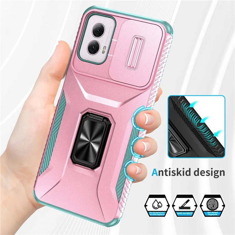 For Motorola Moto G Power (2024) Case TPU+PC Kickstand Phone Shell with Lens Cover - Pink+Grey Green