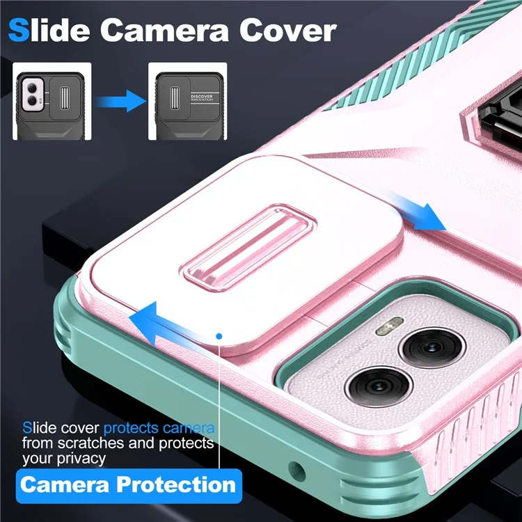 For Motorola Moto G Power (2024) Case TPU+PC Kickstand Phone Shell with Lens Cover - Pink+Grey Green