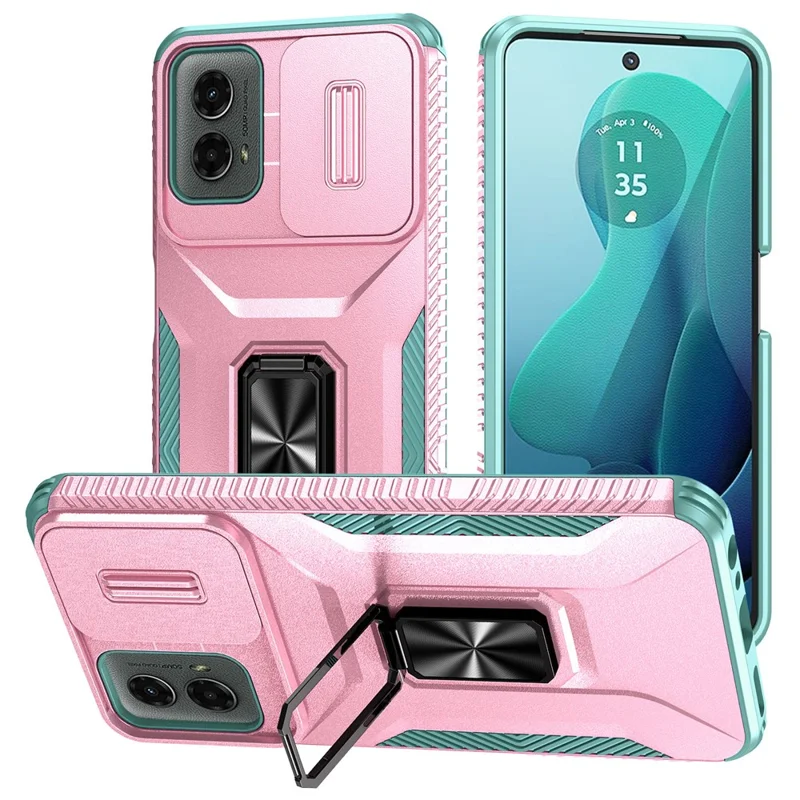 Per Motorola Moto G Play 5G (2024) / G 5G (2024) Custodia Supporto Kickstand PC+TPU Custodia per Telefono Protezione di Grado Militare per Lente - Rosa+Verde Grigio