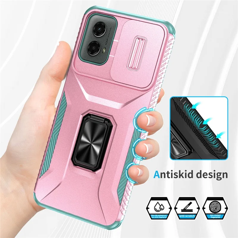 Per Motorola Moto G Play 5G (2024) / G 5G (2024) Custodia Supporto Kickstand PC+TPU Custodia per Telefono Protezione di Grado Militare per Lente - Rosa+Verde Grigio