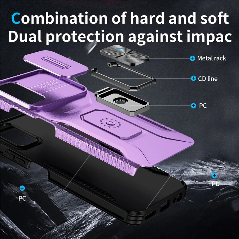 Für Motorola Moto G Play 5G (2024) / G 5G (2024) Case Kickstand PC+TPU Telefonhülle Militärische Schutzklasse Linsenschutz - Lila