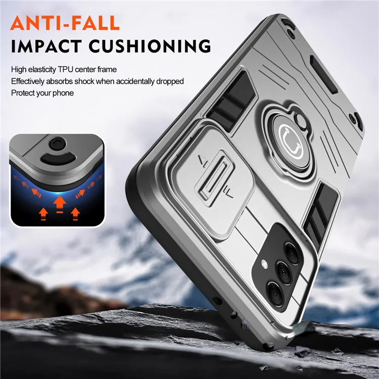 Per Samsung Galaxy M14 5G Custodia Protezione Anello Obiettivo Supporto PC+TPU Custodia per Telefono - Grigio