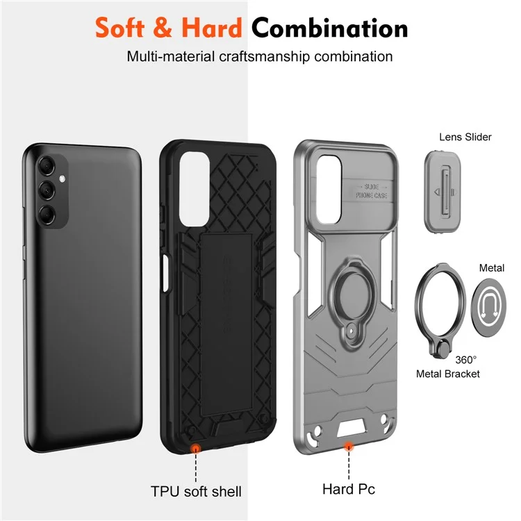 Per Samsung Galaxy M14 5G Custodia Protezione Anello Obiettivo Supporto PC+TPU Custodia per Telefono - Grigio