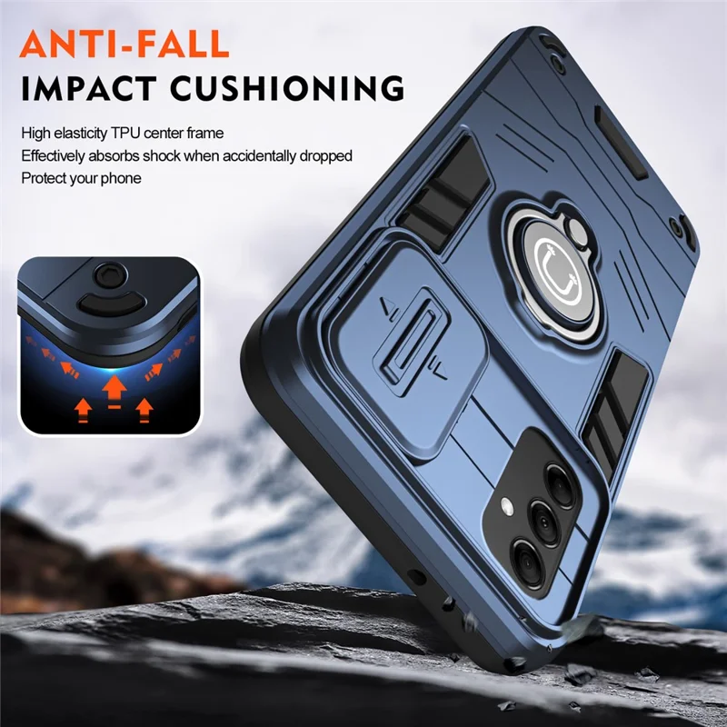 For Samsung Galaxy M14 5G Case Lens Protection Ring Kickstand PC+TPU Phone Cover -  Blue