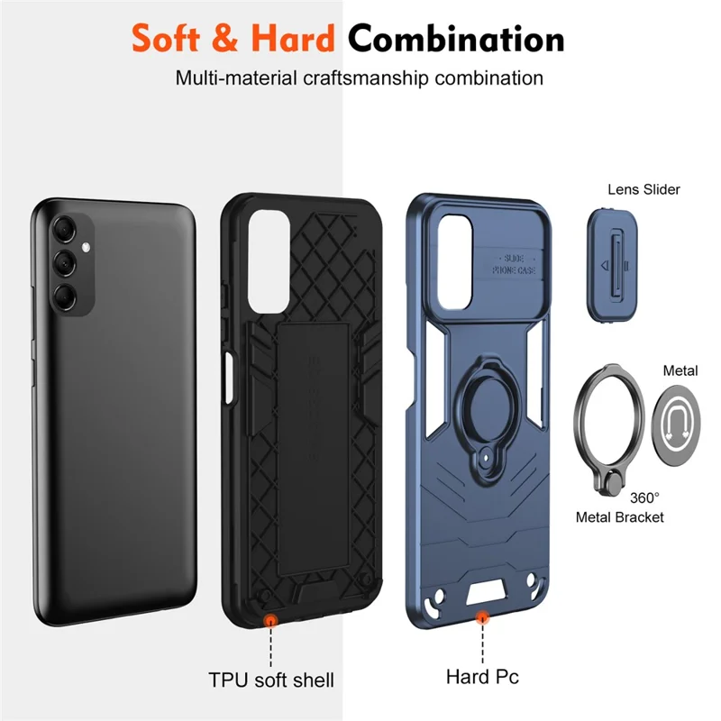 For Samsung Galaxy M14 5G Case Lens Protection Ring Kickstand PC+TPU Phone Cover -  Blue