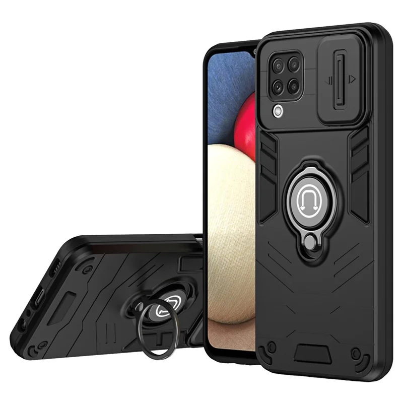 For Samsung Galaxy A22 4G (EU Version) Case PC+TPU Kickstand Cover with Slide Lens Cover -  Black