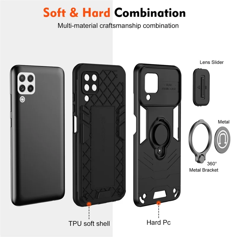 For Samsung Galaxy A22 4G (EU Version) Case PC+TPU Kickstand Cover with Slide Lens Cover -  Black