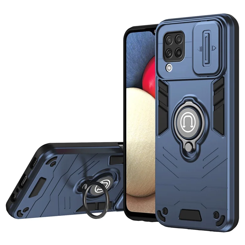 For Samsung Galaxy A22 4G (EU Version) Case PC+TPU Kickstand Cover with Slide Lens Cover -  Blue