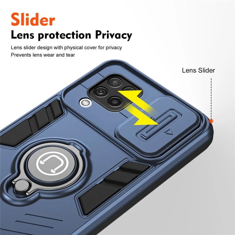 For Samsung Galaxy A22 4G (EU Version) Case PC+TPU Kickstand Cover with Slide Lens Cover -  Blue