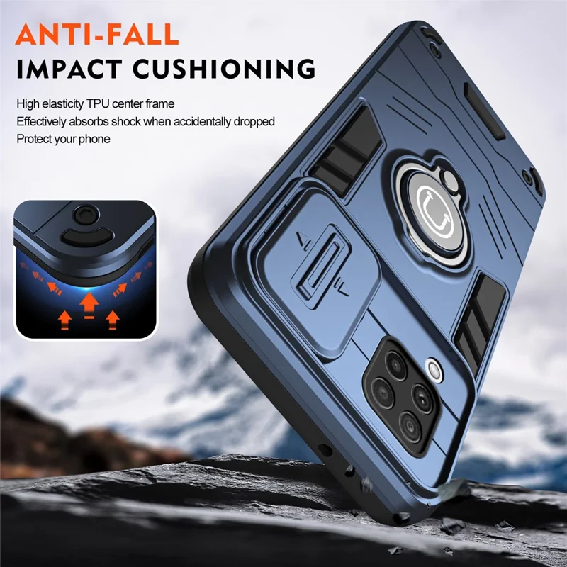 For Samsung Galaxy A22 4G (EU Version) Case PC+TPU Kickstand Cover with Slide Lens Cover -  Blue