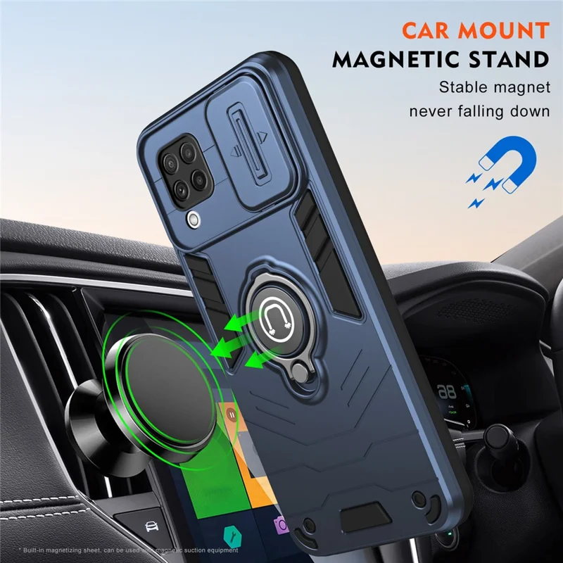For Samsung Galaxy A22 4G (EU Version) Case PC+TPU Kickstand Cover with Slide Lens Cover -  Blue
