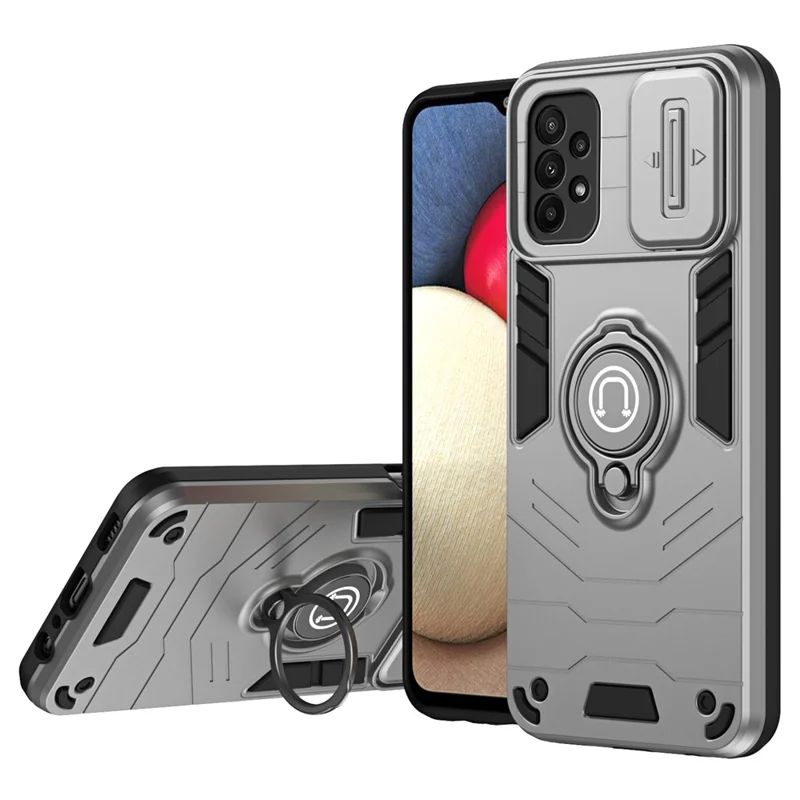 For Samsung Galaxy A23 4G / A23 5G (Global Version) Case PC+TPU Kickstand Lens Lid Phone Cover - Grey