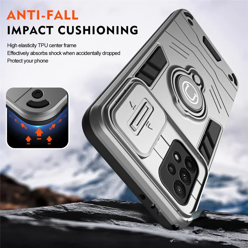 For Samsung Galaxy A23 4G / A23 5G (Global Version) Case PC+TPU Kickstand Lens Lid Phone Cover - Grey