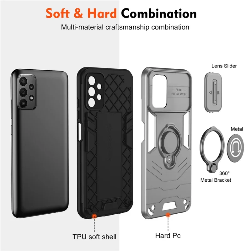 For Samsung Galaxy A23 4G / A23 5G (Global Version) Case PC+TPU Kickstand Lens Lid Phone Cover - Grey