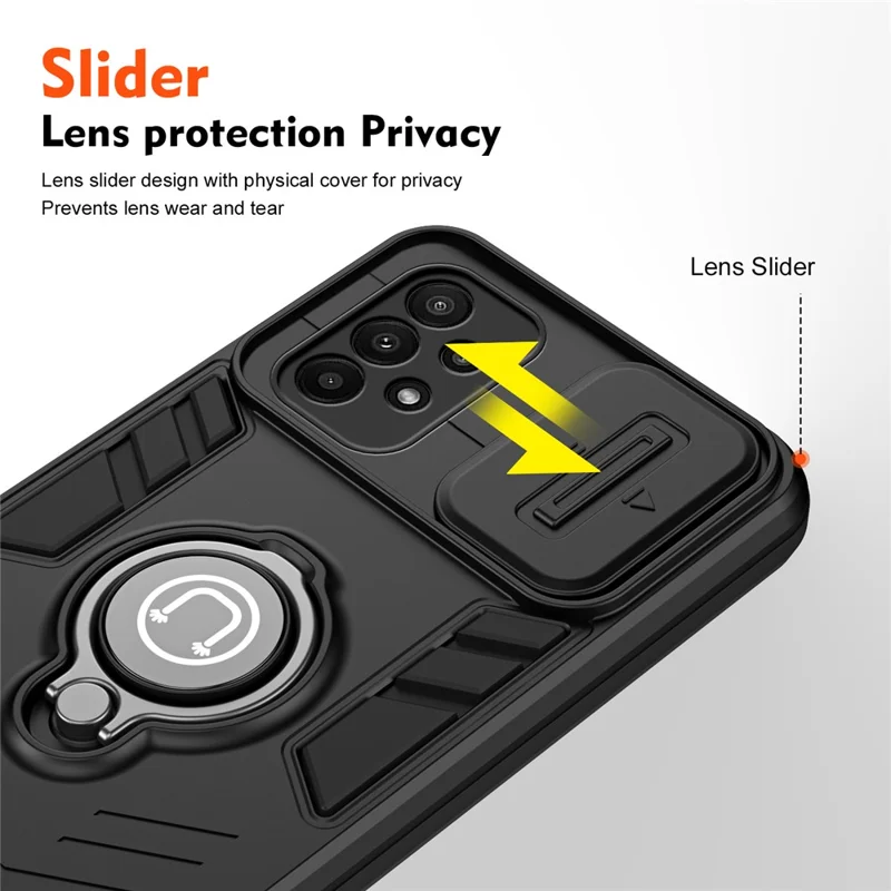 For Samsung Galaxy A23 4G / A23 5G (Global Version) Case PC+TPU Kickstand Lens Lid Phone Cover - Black