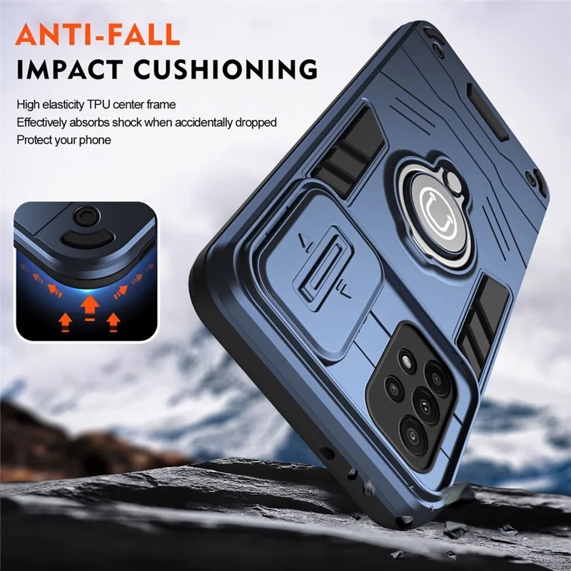 For Samsung Galaxy A23 4G / A23 5G (Global Version) Case PC+TPU Kickstand Lens Lid Phone Cover - Blue