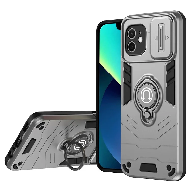 For iPhone 12 Case PC+TPU Phone Protector with Kickstand and Slide Lens Cover -  Grey