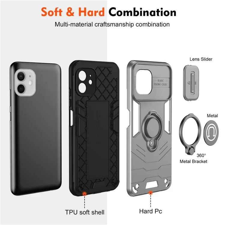 For iPhone 12 Case PC+TPU Phone Protector with Kickstand and Slide Lens Cover -  Grey